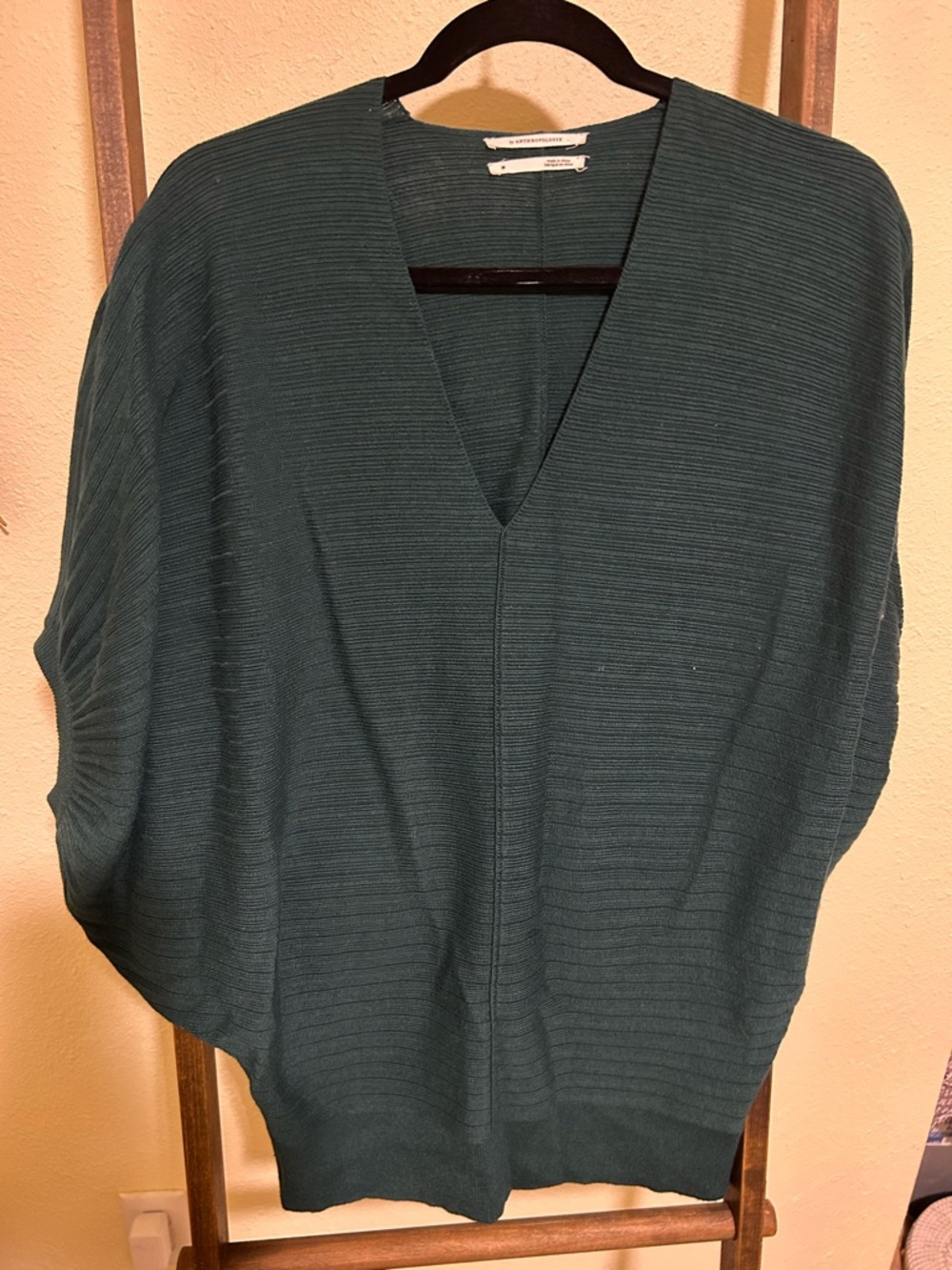 Anthropologie Teal Ribbed V-Neck Dolman Sweater